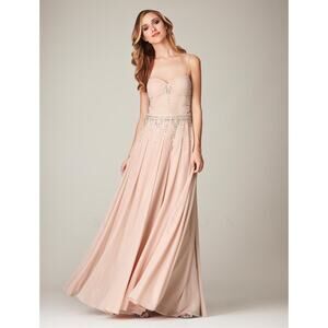 NWT Mignon Metallic Blush Pink Illusion Low Back Chiffon Beaded Maxi Dress 0